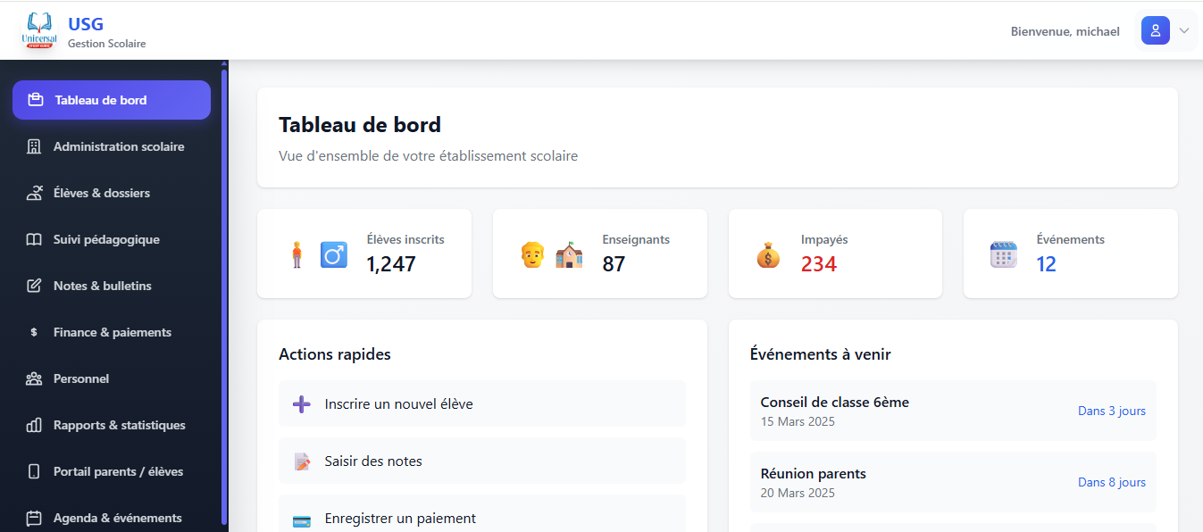Tableau de bord UStudyGuide : effectifs, enseignants, impayés et événements